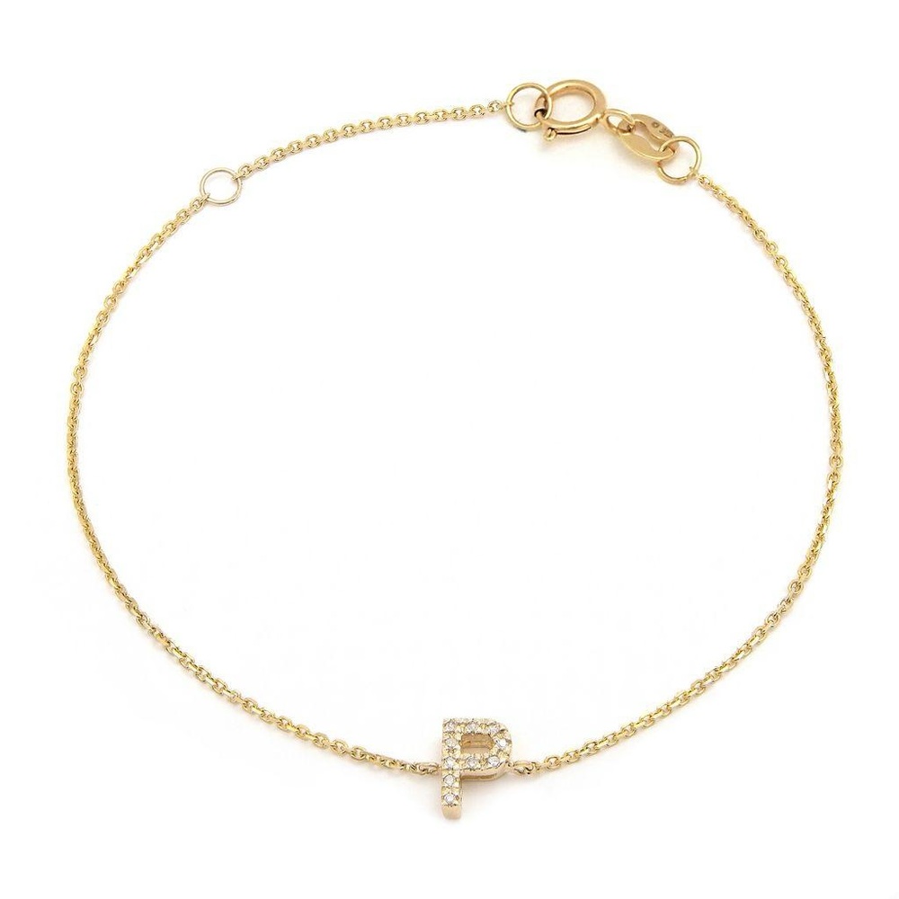 14K Real Yellow Gold Initial ”P” Single Prong Diamond Bracelet 7+1″